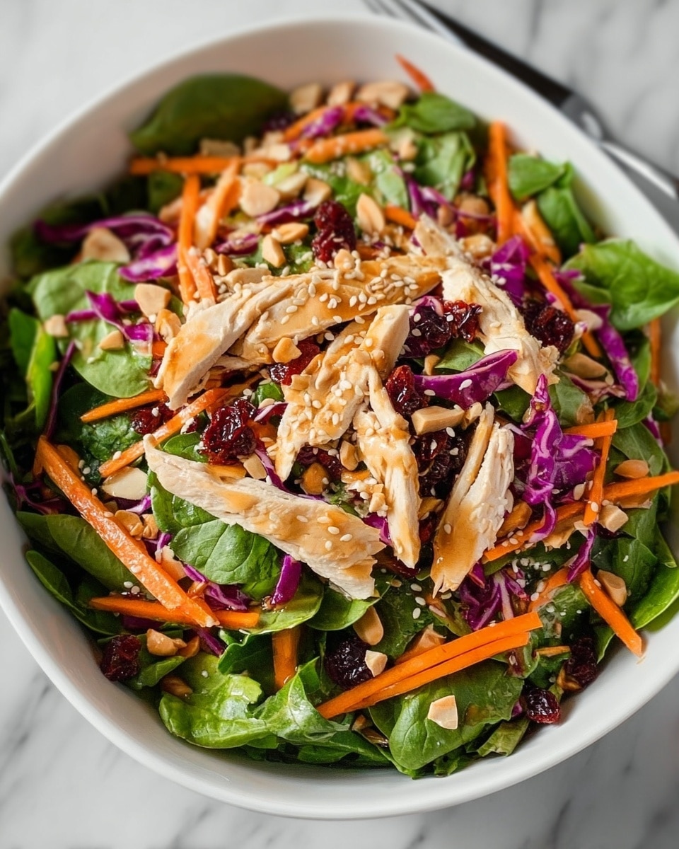 A fresh salad is shown in a white bowl with a base layer of dark green leafy spinach and other greens, topped with a bright mix of thin orange carrot sticks and thin slices of purple cabbage scattered evenly. On top of the vegetables are light beige strips of cooked chicken, mixed with tan peanut halves and small red dried cranberries, all sprinkled lightly with brownish sesame seeds. The texture of the ingredients varies from soft and leafy to crunchy and chewy, creating a colorful and appetizing dish on a white marbled surface. photo taken with an iphone --ar 4:5 --v 7
