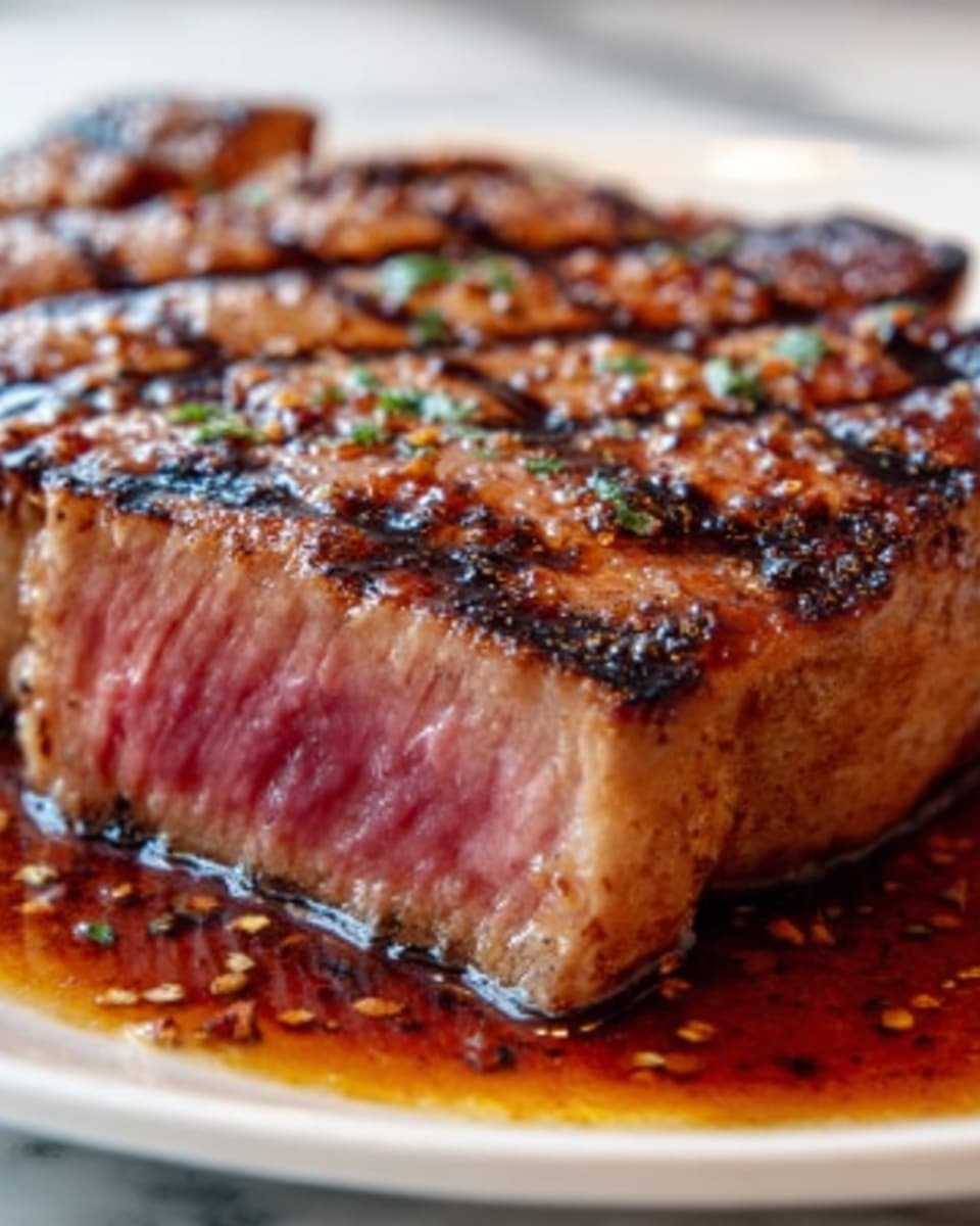 A thick, juicy grilled steak with clear dark grill marks rests on a white plate, showing a tender, pink inside that indicates medium-rare cooking. The steak is sitting in a shallow pool of rich, glossy brown sauce with small bits of seasoning scattered around, giving it a flavorful look. The surface beneath the plate has a white marbled texture, adding a clean and elegant touch to the scene. The photo was taken with an iphone --ar 4:5 --v 7