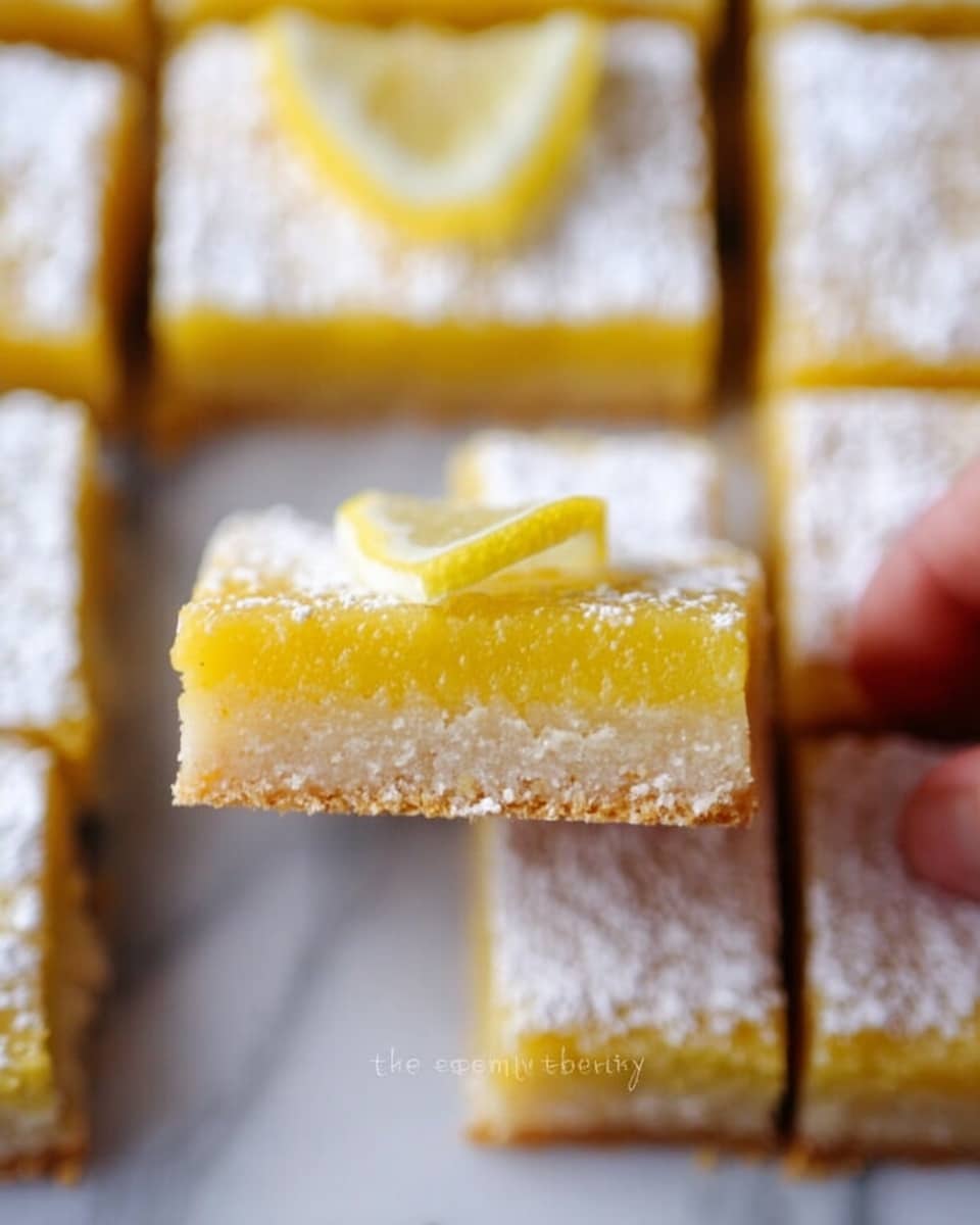 The image shows multiple lemon bars cut into neat squares arranged on a white marbled surface, with one lemon bar held in a woman's hand in the center foreground. Each bar has two layers: the bottom layer is a pale, crumbly crust with a slightly grainy texture, while the top layer is a smooth, bright yellow lemon filling. The lemon bars surrounding the held piece are dusted with white powdered sugar, and one bar has a small, thin lemon slice on top. The overall look is fresh and inviting, with a soft-focus background that highlights the sharp details of the bar in the woman's hand. Photo taken with an iphone --ar 4:5 --v 7