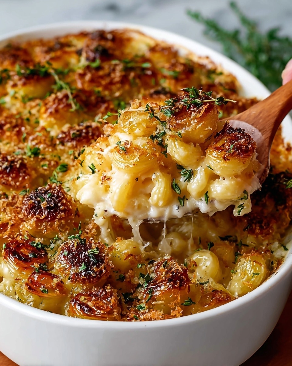 A close-up of a white casserole dish filled with creamy macaroni and cheese casserole topped with a golden-brown crust of toasted breadcrumbs and melted cheese sprinkled with green herbs, a woman's hand holding a wooden spoon scooping out a portion showing gooey, melted cheese and soft pasta beneath the crunchy topping, all placed on a white marbled surface photo taken with an iphone --ar 4:5 --v 7