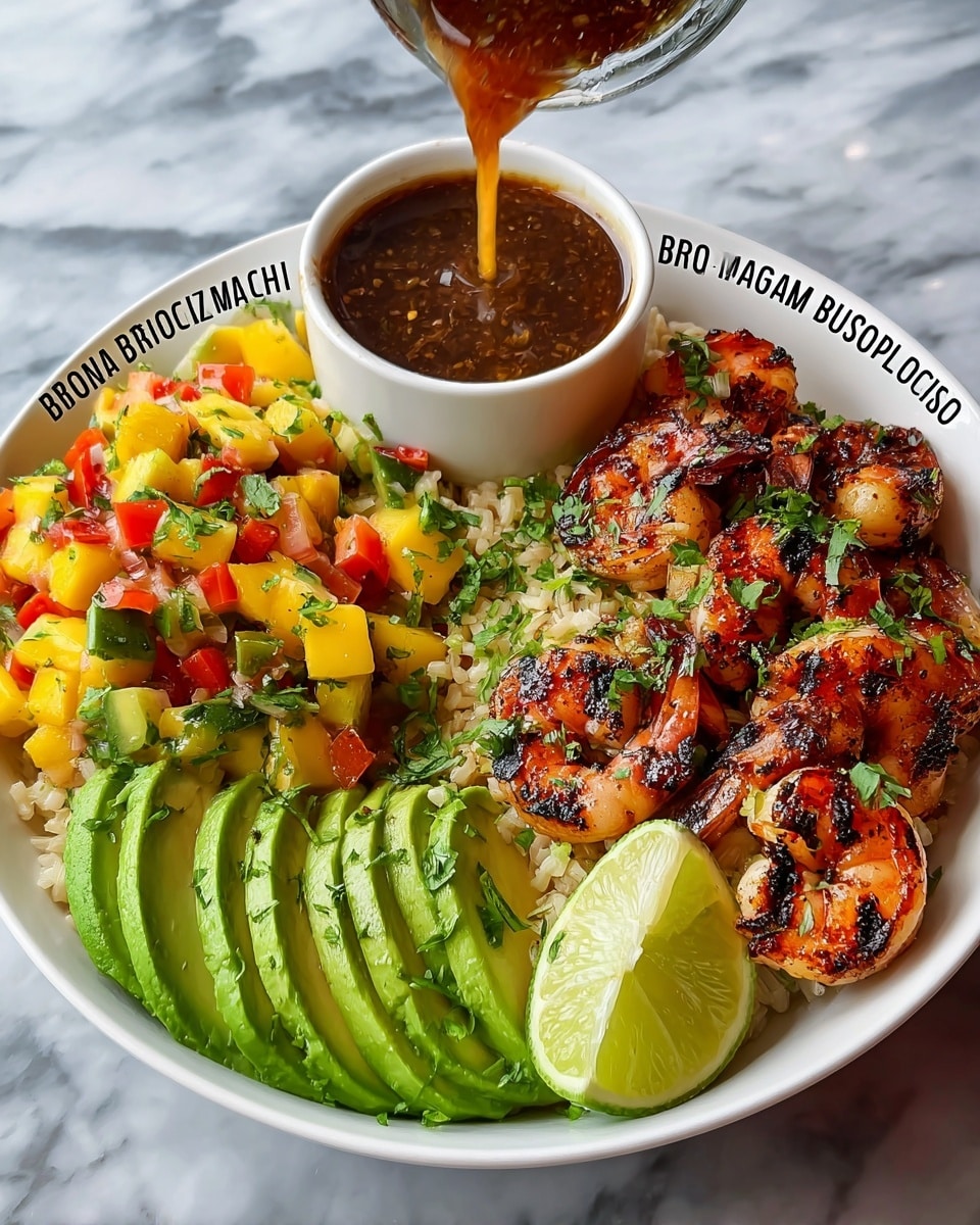 A white bowl filled with a base layer of light-colored rice visible under other ingredients; on one side, bright red and yellow mango salsa with finely chopped green herbs and small bits of white; next to the salsa is a fan of smooth, light green avocado slices sprinkled with more green herbs; on the other side, several charred and seasoned shrimp with a reddish-brown grilled texture, garnished with chopped green herbs; a wedge of fresh lime placed at the edge of the bowl; a small white sauce cup resting on the top edge, filled with dark brown lime-chili sauce being poured from above, creating ripples; the bowl set against a white marbled textured surface. photo taken with an iphone --ar 4:5 --v 7
