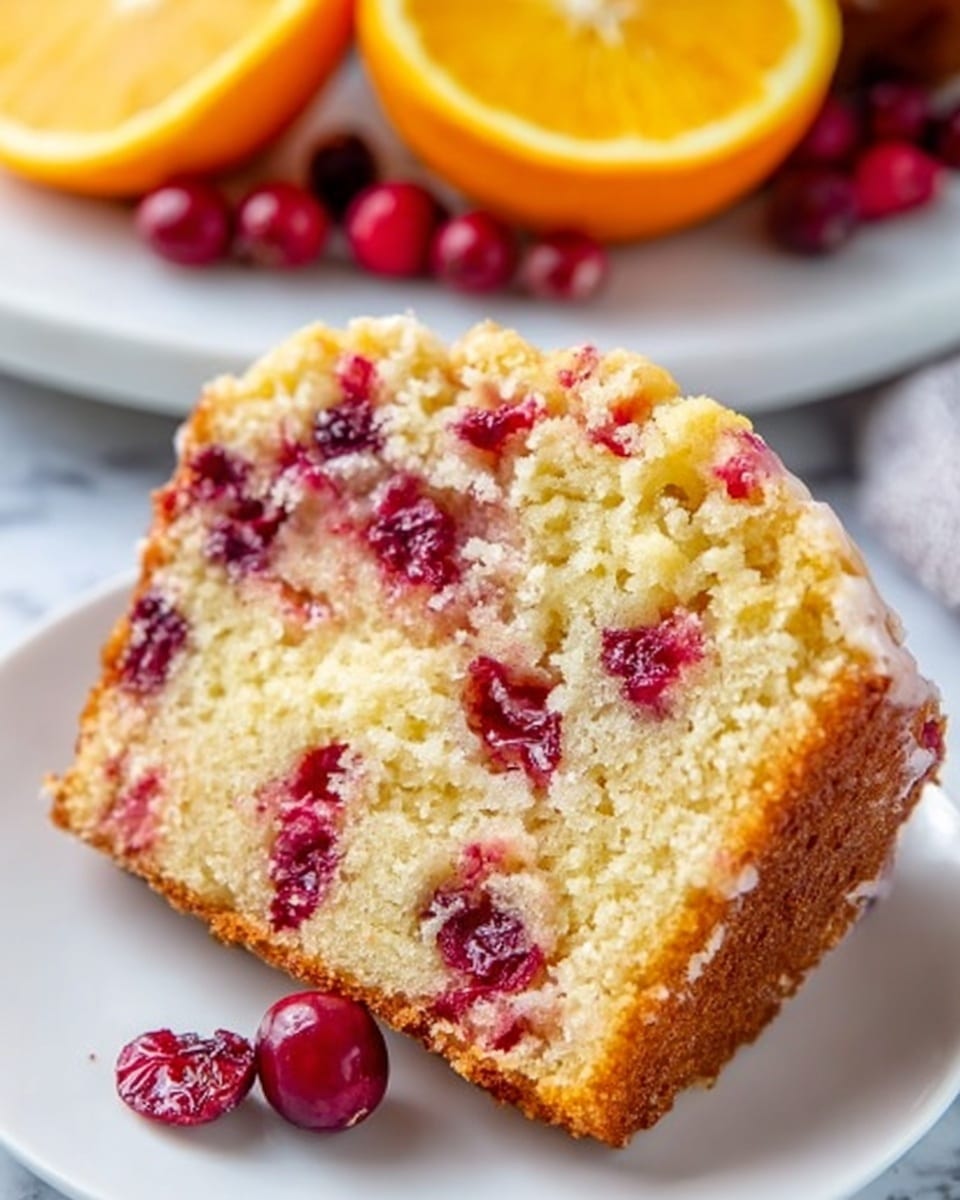 A close-up of a slice of cranberry muffin placed on a white plate, showing a soft, fluffy light yellow cake base with bright red cranberry pieces scattered throughout the crumb, adding pops of color. The muffin’s golden brown crust is visible around the edges, and the texture looks moist and tender. In the background, there are two slices of orange and a few whole cranberries resting on a white marbled surface, enhancing the fresh and vibrant feel of the image. Photo taken with an iphone --ar 4:5 --v 7