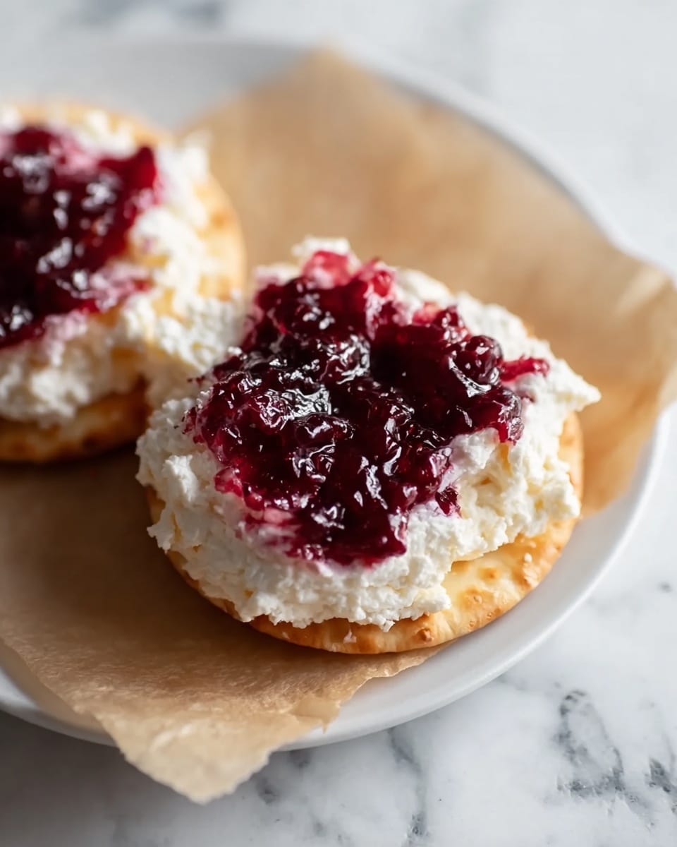Two round crackers sit on a piece of light brown parchment paper on a white plate, placed on a white marbled surface. Each cracker is topped with a thick, fluffy white layer of creamy cheese with a slightly rough texture. On top of the cheese, there is a glossy, deep red-purple dollop of chunky berry jam, adding a rich, shiny contrast that looks juicy and inviting. The jam slightly spreads into the cheese, creating a mix of colors and textures. photo taken with an iphone --ar 4:5 --v 7