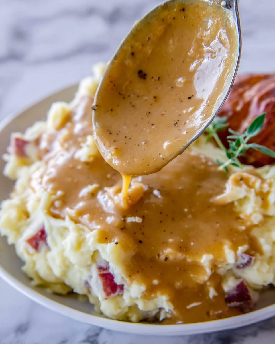 A close-up image shows a thick brown gravy flowing from a spoon onto a mound of mashed potatoes with visible bits of red potato skin, giving the top layer a creamy texture with flecks of red. Below the brown gravy is a layer of mashed potatoes that look smooth and creamy with some texture from the potato skins. Small green herb sprigs are placed near the side, adding a touch of fresh color. All of this sits on a white surface with a marbled texture. Photo taken with an iphone --ar 4:5 --v 7