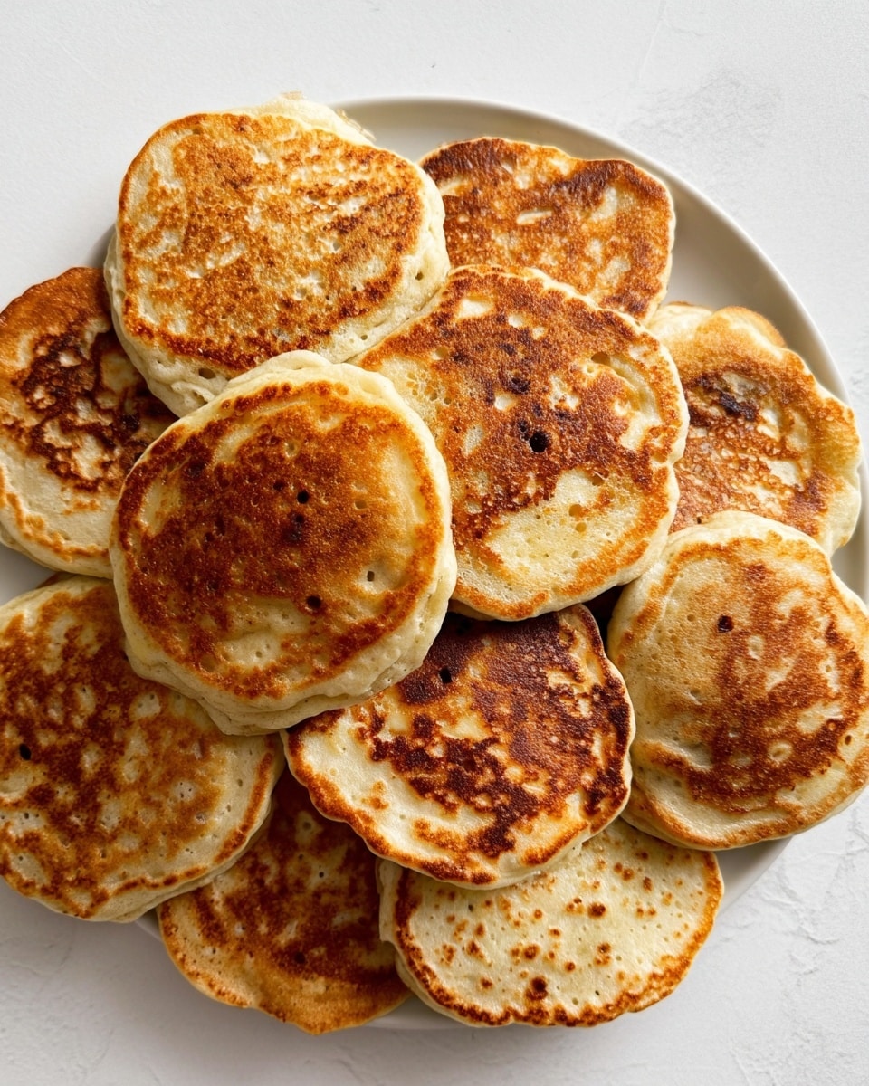 A simple white plate filled with two layers of round pancakes, each pancake showing a light golden to medium brown color with a cooked texture full of small holes and slightly uneven browned spots. The pancakes are stacked unevenly, with some overlapping others, showcasing their soft and fluffy surface. The white marbled texture background adds a clean and bright contrast to the warm tones of the pancakes. photo taken with an iphone --ar 4:5 --v 7