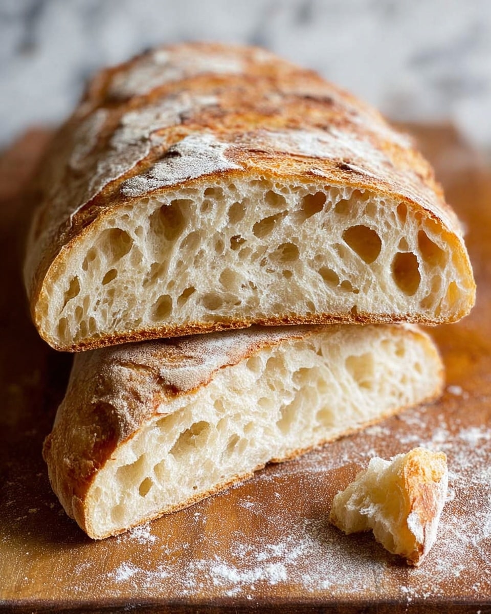 A loaf of bread is shown cut into two layers placed one on top of the other on a wooden board, with a small piece broken off and lying in front. The top crust is golden brown with light patches of flour dust and rough texture, while the inside is airy and soft with many large and small holes creating a spongy look. The wooden board has some scattered flour on it, adding to the rustic feel. The background is a white marbled texture. photo taken with an iphone --ar 4:5 --v 7