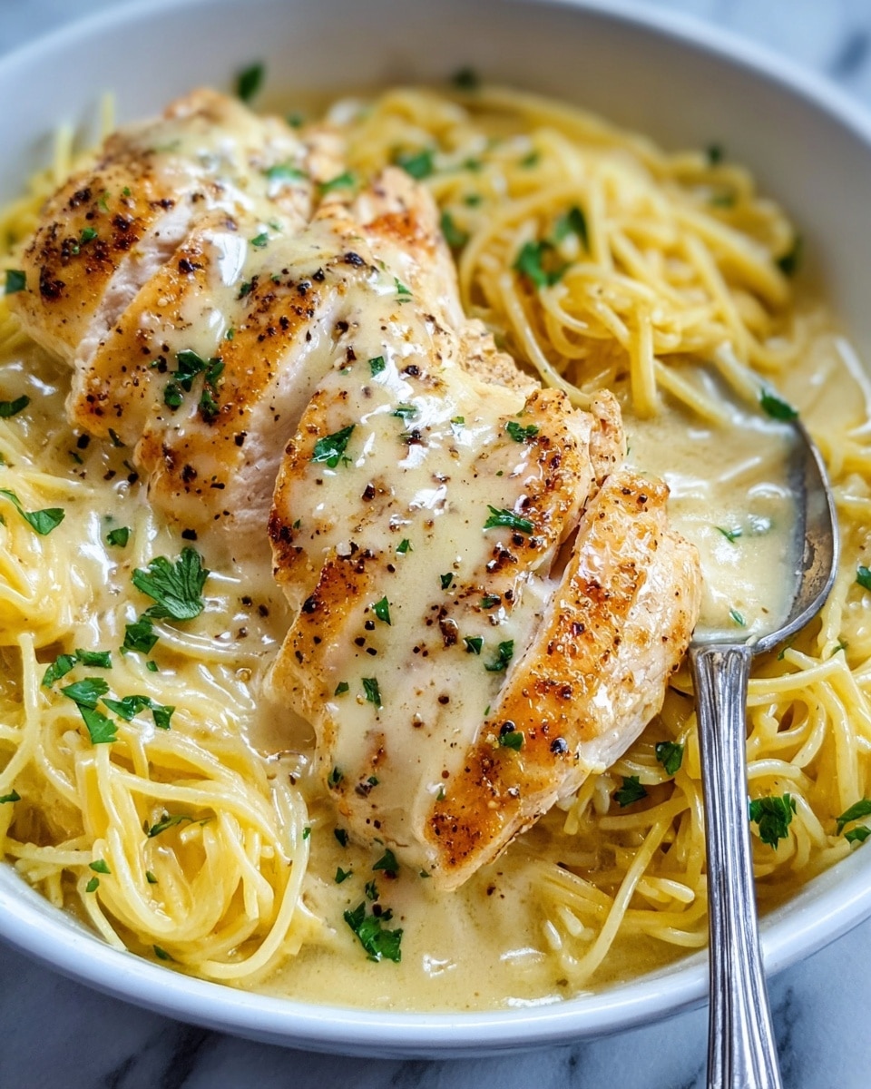 The image shows a close-up of a white bowl filled with creamy yellow noodles as the base layer. On top of the noodles are three golden-brown, grilled chicken breasts, covered in a light creamy sauce with a smooth texture. The sauce has a slightly glossy look and is sprinkled with small bits of black pepper and fresh green parsley leaves, adding a contrast of color. A silver spoon rests on the right side of the bowl, partially submerged in the sauce. The bowl sits on a white marbled surface. photo taken with an iphone --ar 4:5 --v 7