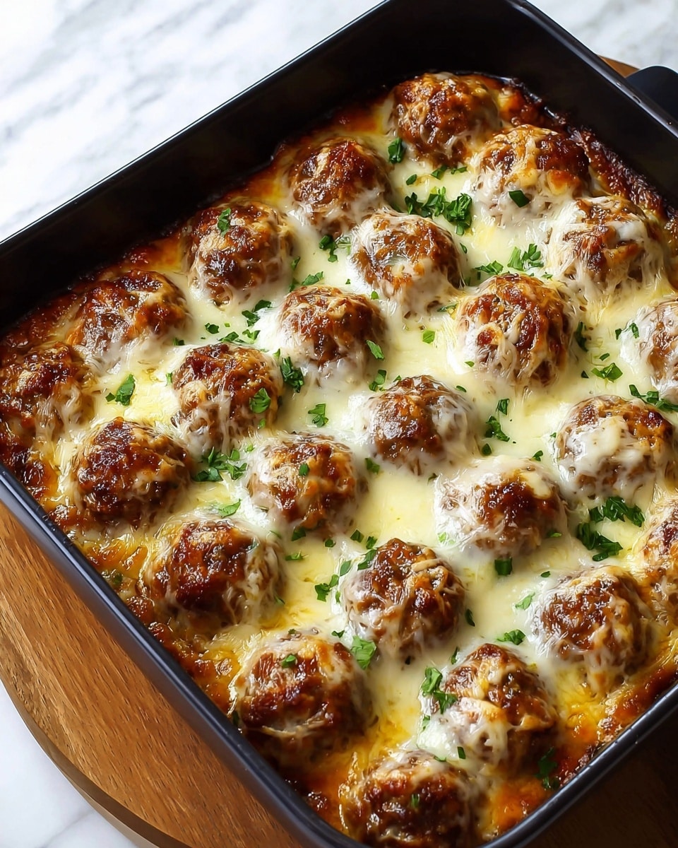 A black rectangular baking dish filled with 20 round meatballs evenly placed in a 4 by 5 grid. The meatballs are browned on top with a glossy, slightly crispy texture. They are covered by a layer of melted white and light golden-yellow cheese that stretches and drapes over each meatball. Small green herb bits are sprinkled on top, adding contrast. The baking dish sits on a wooden board, and the background is a white marbled surface. Photo taken with an iphone --ar 4:5 --v 7