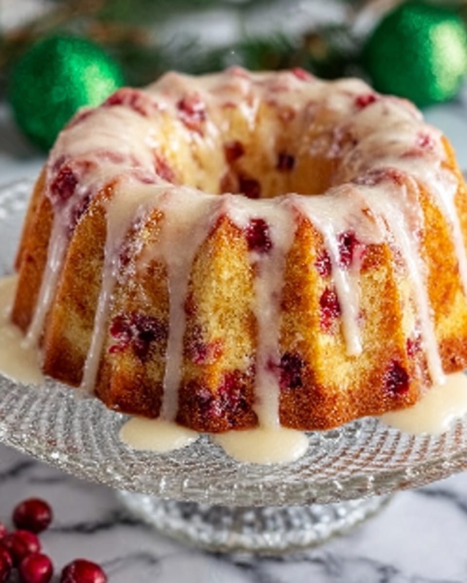 The image shows a bundt cake with a white glaze that drips smoothly down the sides, highlighting the cake's golden brown color with red spots of berries baked inside. The cake sits on a clear glass plate with a decorative edge, set against a white marbled surface. The glaze looks shiny and slightly thick, covering the top and flowing unevenly over the ridges of the bundt shape. Around the cake, there are small red berry pieces visible through the glaze. The scene has a festive feel with hints of green decorations blurred in the background. Photo taken with an iphone --ar 4:5 --v 7