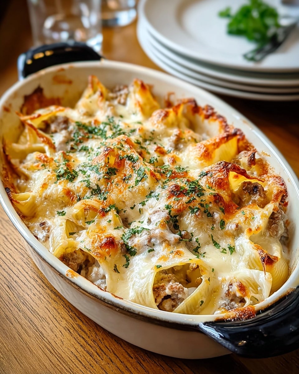 The image shows a baked pasta dish in an oval white ceramic baking dish with black handles. The top layer is a golden-brown melted cheese crust lightly sprinkled with green herbs. Underneath, there is a creamy white sauce mixed with small pieces of browned ground meat and tender rolled pasta shells with a slight golden tint. The dish is placed on a wooden surface with a blurred background showing a stack of white plates with a spoon and green garnish. Photo taken with an iphone --ar 4:5 --v 7
