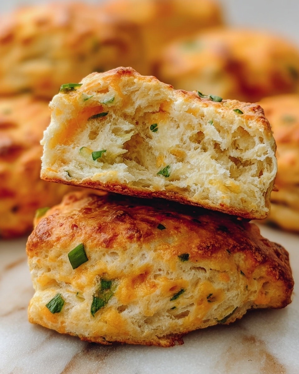 The image shows a close-up of two golden brown cheese biscuits stacked on a white marbled surface. The top biscuit is broken in half to reveal its soft, fluffy inside with visible green herbs and melted cheese pockets spread unevenly through the layers. The biscuits have a slightly crispy and flaky outer crust with a rough, crunchy texture on top. The bottom biscuit is also broken and shows a thick, airy interior with bits of melted cheese and herbs scattered throughout. The background is blurred with more biscuits hinting in the distance. photo taken with an iphone --ar 4:5 --v 7