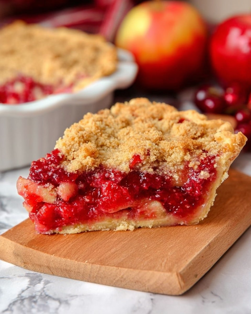 The image shows a slice of pie with three visible layers on a wooden board placed on a white marbled surface. The bottom layer is a golden crust, firm and slightly thick. The middle layer is a bright red, glossy fruit filling full of small fruit bits that look juicy and rich. The top layer is a crumbly light brown streusel, with a rough texture made of small crumbs. In the background, there is a white pie dish holding the rest of the pie, with red fruits scattered around and a red and yellow apple nearby. The pie slice looks fresh and appealing. Photo taken with an iphone --ar 4:5 --v 7