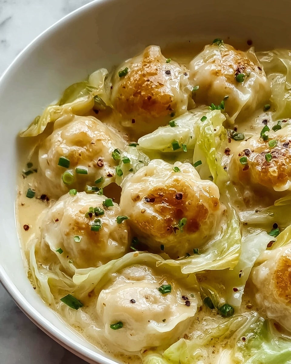A close-up view of a white bowl filled with German cabbage and dumplings in creamy sauce is shown. The dish has two main layers: at the bottom, there are soft, cooked cabbage pieces in pale yellow and light green colors with a tender texture. Above the cabbage, plump dumplings are placed, each golden brown on top with a slightly crispy look, covered with a glossy, creamy beige sauce. The sauce has a smooth texture with visible specks of black pepper and small bits of green herbs sprinkled on top. The whole dish glistens with a warm, inviting look, all set against a white marbled background. photo taken with an iphone --ar 4:5 --v 7