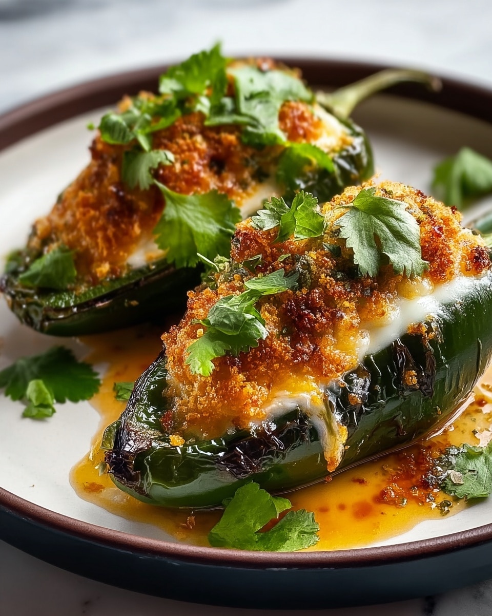 Two stuffed green peppers are placed on a white plate with a dark rim, set on a white marbled textured surface. Each pepper is cut in half lengthwise, with three visible layers: the bottom layer is the dark green pepper skin, the middle layer is a white melted cheese that is soft and slightly gooey, and the top layer is a golden brown crispy breadcrumb mix. Bright green cilantro leaves are scattered on top and around the peppers, adding fresh color contrast. There is some melted cheese and sauce pooling slightly on the plate near the front pepper. The lighting highlights the textures and colors vividly. photo taken with an iphone --ar 4:5 --v 7