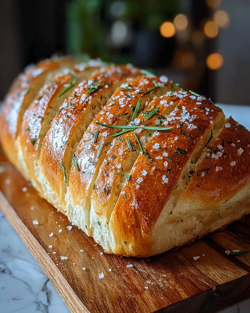 A loaf of freshly baked bread sits on a wooden board, featuring deep diagonal cuts across its soft golden-brown crust. The crust shines with a light glaze, sprinkled generously with coarse sea salt crystals and small green rosemary leaves. The inside of the loaf looks fluffy and airy, visible through the cut slits on top. The wooden board reflects the warm light softly, and the background is out of focus with a cozy indoor feel, all on a white marbled texture surface. Photo taken with an iphone --ar 4:5 --v 7