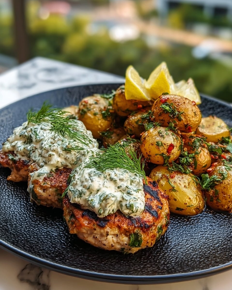 A dish with two main parts on a textured black plate: on the left, two grilled patties that are light brown with some darker grill marks and flecks of green herbs, topped with a thick, creamy white sauce mixed with chopped green herbs and garnished with fresh dill sprigs; on the right, a pile of small, halved golden potatoes with crispy edges sprinkled with green herbs, some lemon wedges placed behind the potatoes for garnish; the plate sits on a white marbled surface with a blurred outdoor background. photo taken with an iphone --ar 4:5 --v 7