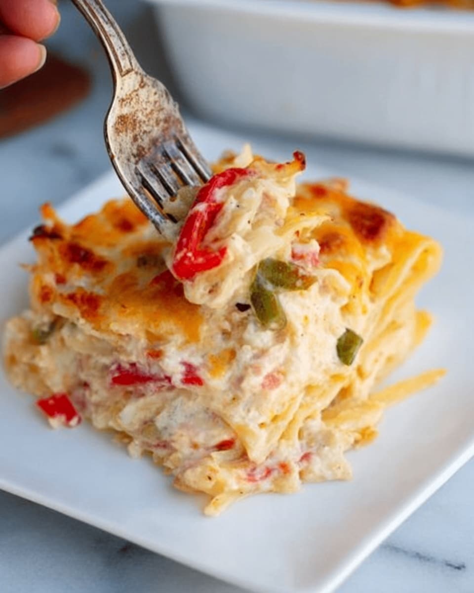 A close-up of a white square plate with a slice of creamy baked pasta dish featuring multiple layers: the bottom layer shows soft yellow noodles, topped by a thick layer of creamy white sauce mixed with bits of red and green bell peppers and melted light golden cheese on top, slightly browned and gooey. A weathered silver fork held by a woman's hand is lifting a piece from the dish. The plate sits on a white marbled surface. photo taken with an iphone --ar 4:5 --v 7