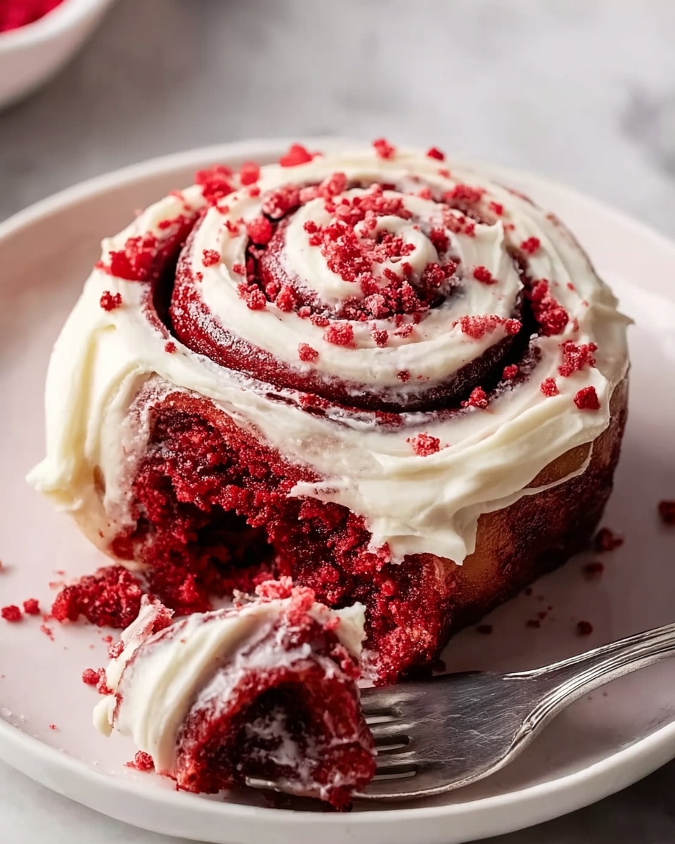 A single red velvet cinnamon roll with a rich dark red color and moist texture sits on a white plate with smooth edges. It has a thick spiral layer of creamy white frosting on top, swirled in a circular pattern, with small bright red crumb pieces sprinkled evenly over the frosting. A silver fork is lifting a bite from the bottom right side, revealing soft layers inside with a light glaze. The background is a white marbled texture. Photo taken with an iphone --ar 4:5 --v 7