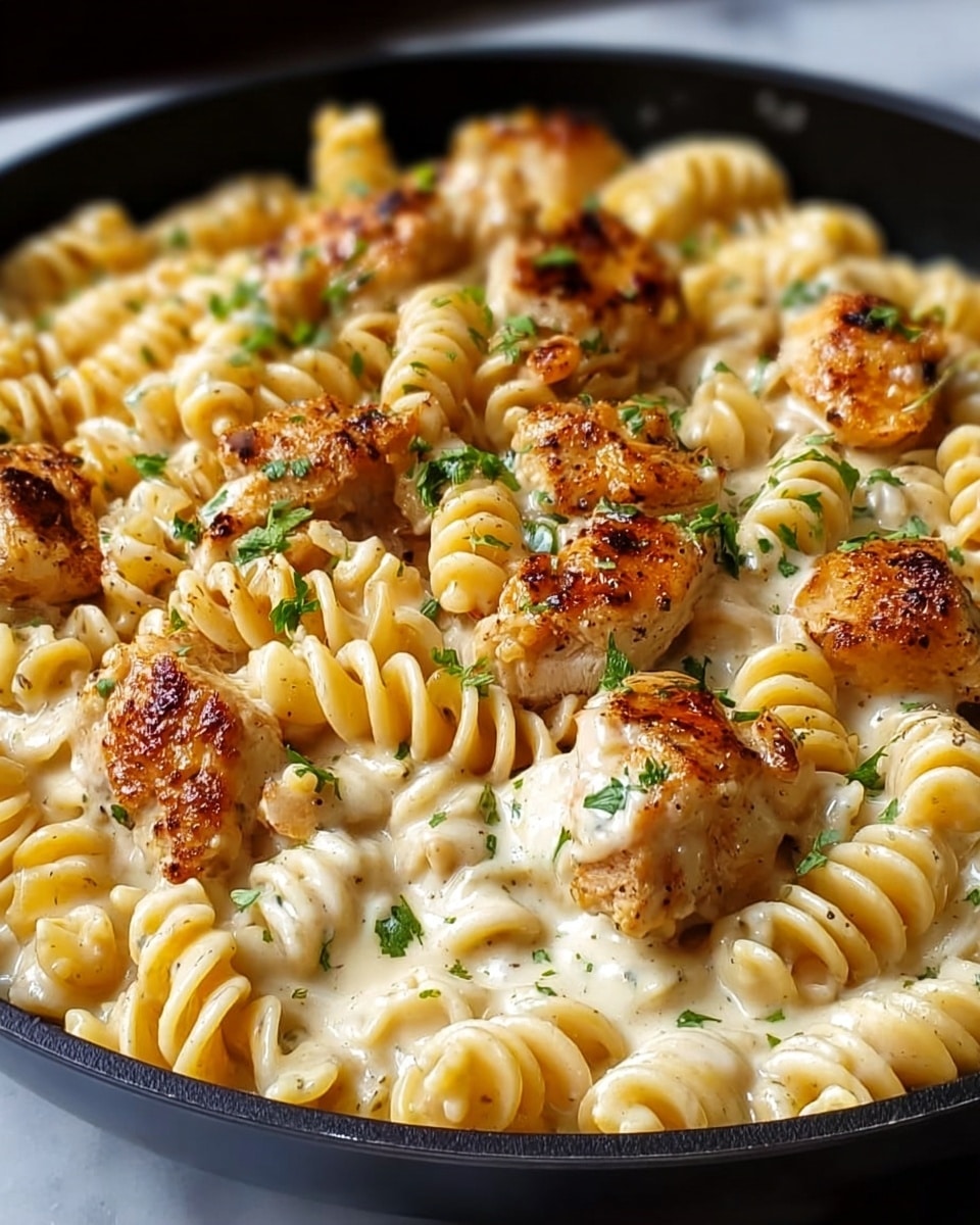 A close-up of a black pan filled with spiraled pasta covered in a creamy white sauce. On top are golden brown pieces of cooked chicken, seasoned and slightly crispy on the edges. Small green parsley leaves are sprinkled over the dish, adding a touch of color. The creamy sauce smoothly coats the pasta spirals, giving a rich, glossy look. The black pan contrasts with the white marbled surface beneath it. photo taken with an iphone --ar 4:5 --v 7
