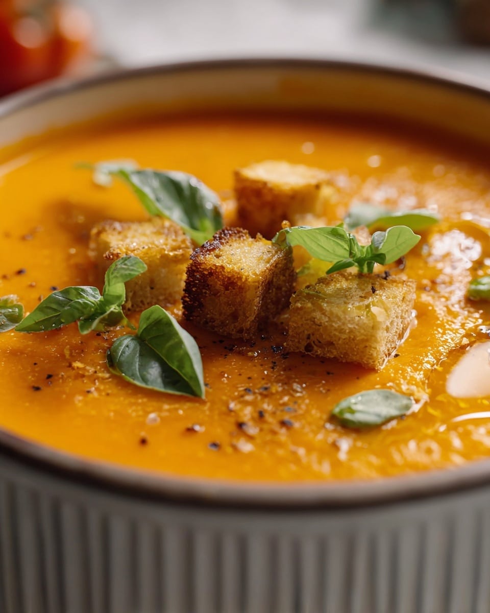 A close-up view of a bowl filled with smooth, thick orange soup, topped with small, golden-brown toasted croutons and several fresh green basil leaves scattered on top. There are tiny specks of dark seasoning sprinkled over the soup surface, and a light drizzle of oil glistens on it, creating a shiny, textured look. The bowl is white with subtle vertical ridges, and the soup fills it close to the rim. The background is a soft focus white marbled texture, making the warm colors of the soup and toppings stand out clearly. photo taken with an iphone --ar 4:5 --v 7