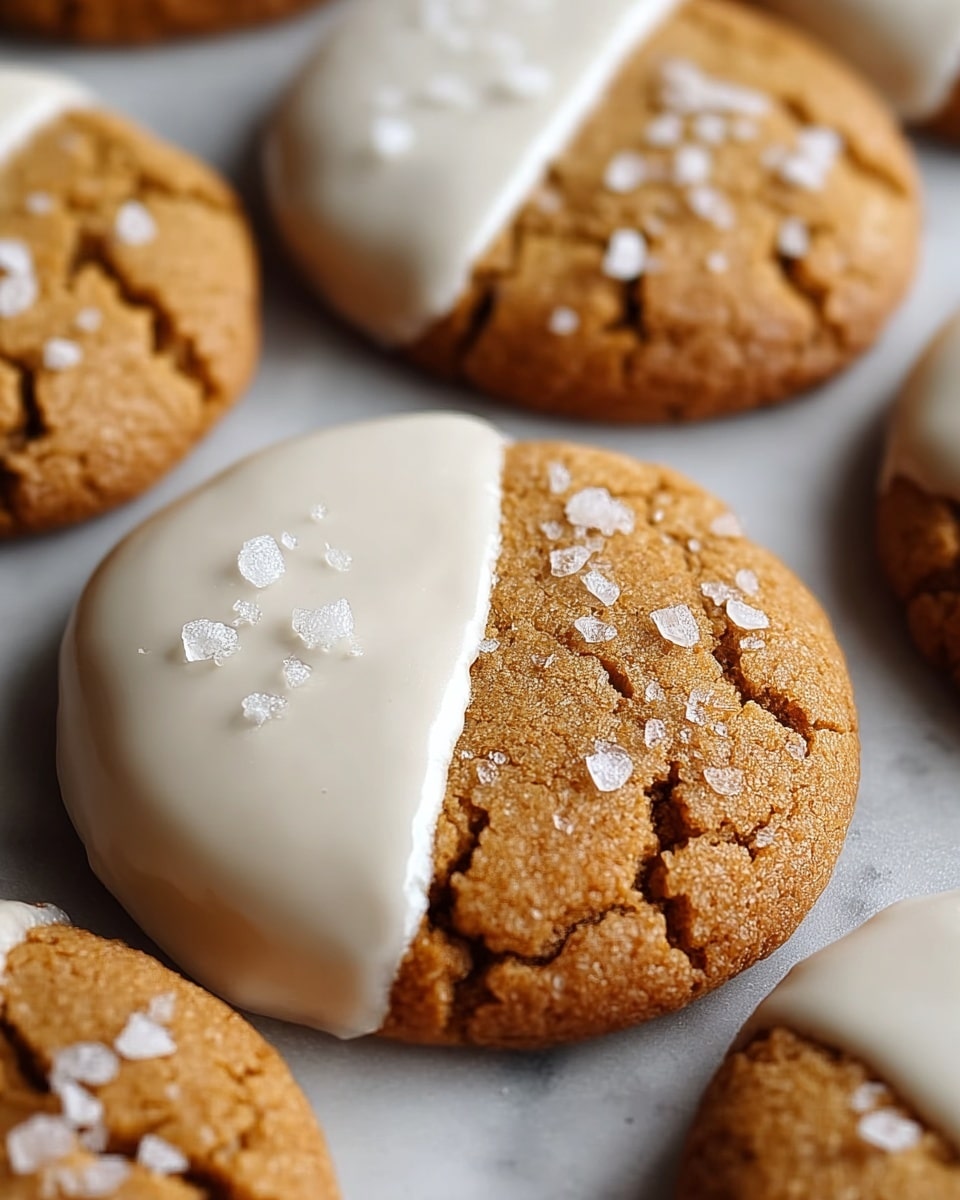The image shows round cookies with a cracked, golden brown texture. Each cookie is half-coated with a smooth, glossy white layer of icing that covers one side entirely. Small white flakes of sea salt are scattered evenly on top of the white icing and a few on the cookie’s golden surface, adding texture and contrast. The cookies are placed on a white marbled surface, showing close-up details and a soft focus on the background cookies. photo taken with an iphone --ar 4:5 --v 7