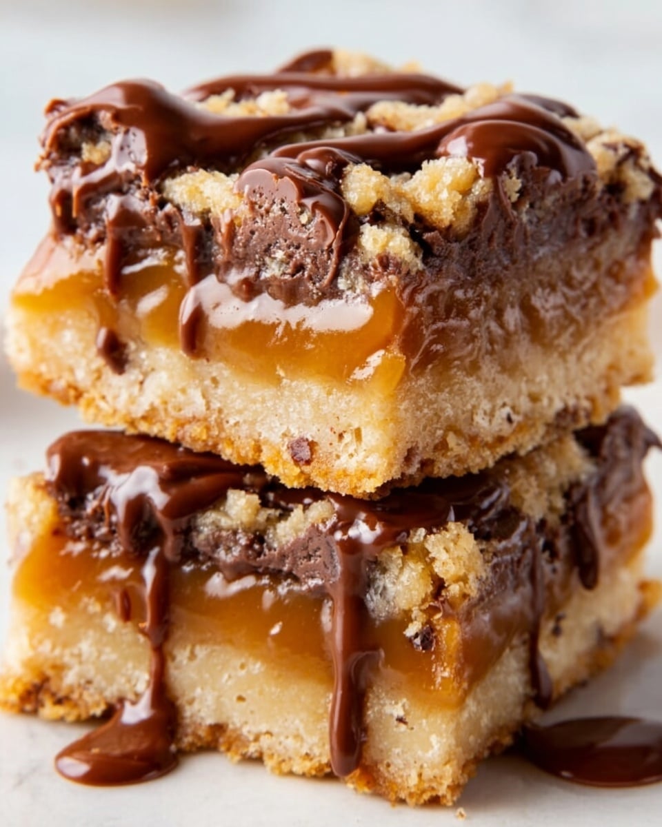 The image shows two square layers of dessert stacked on top of each other on a white marbled surface. Each layer has a crumbly light brown base, filled in the middle with a thick, glossy caramel layer that looks sticky and smooth. Crunchy bits are visible inside the caramel. The top layer is covered with uneven blobs of dark brown chocolate sauce, dripping slightly down the sides, creating a rich, shiny texture contrast. The edges of the squares are rough and crumbly, showing the dense, chewy texture inside. photo taken with an iphone --ar 4:5 --v 7
