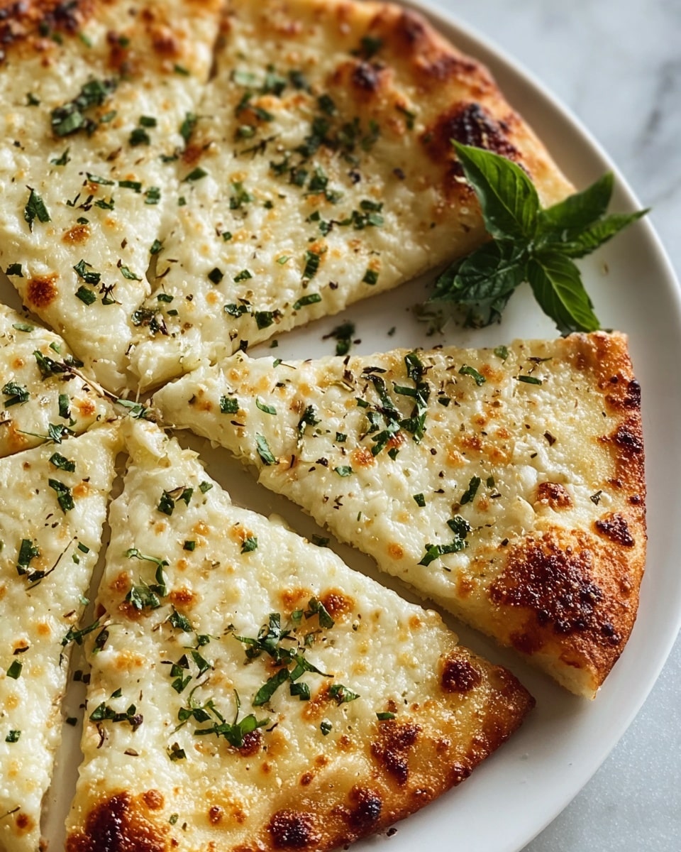 A close-up view of a white pizza cut into slices on a white plate, showing a golden-brown crust with some darker toasted spots. The pizza is topped with a smooth layer of melted white cheese that has small browned patches, sprinkled evenly with finely chopped green herbs, and a small sprig of fresh green basil placed near the top right. The pizza rests on a white marbled surface. photo taken with an iphone --ar 4:5 --v 7