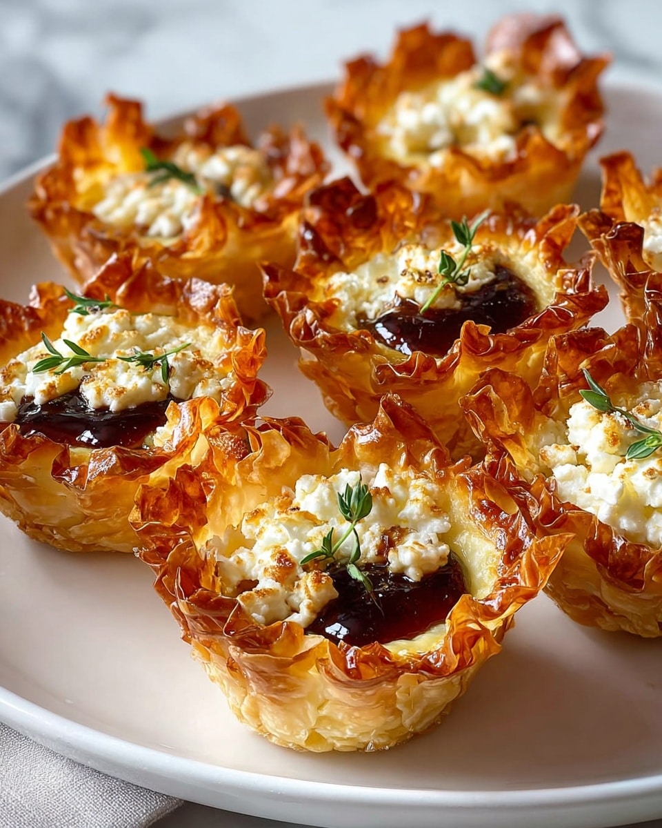Seven small tartlets are arranged on a large white plate placed on a white marbled surface. Each tartlet shows a crispy, golden-brown layered pastry shell with ruffled edges curling outward. Inside, there's a creamy white cheese filling topped with a shiny, dark brown glaze and small green herb sprigs for decoration. The texture contrasts between the crunchy, brittle edges of the pastry and the soft, smooth cheese center. The lighting highlights the glossy glaze and the crispiness of the pastry. photo taken with an iphone --ar 4:5 --v 7