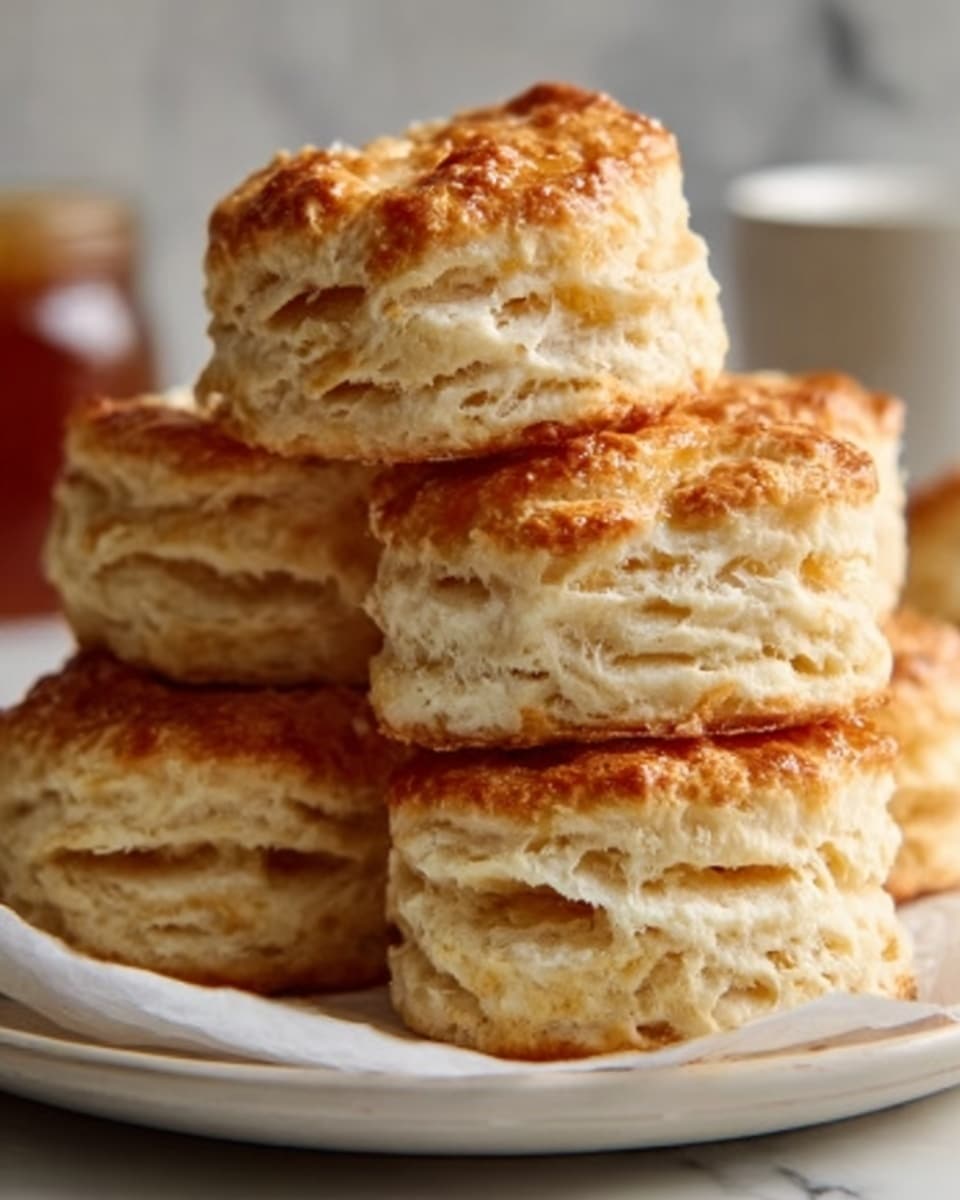 The image shows a stack of fluffy biscuits on a white plate, sitting on white parchment paper. The biscuits have a golden brown, slightly crispy top layer with a textured surface. Each biscuit has multiple visible thin layers inside, showing a soft, light, and flaky texture. The layers are pale cream-colored and look tender. The background is a white marbled texture with a blurry jar in the distant back. photo taken with an iphone --ar 4:5 --v 7