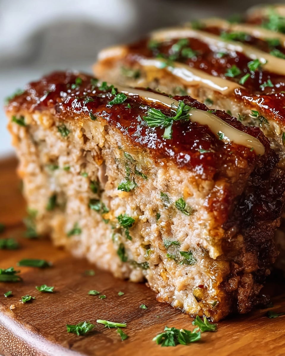 A close-up image of a thick, square-shaped meatloaf slice on a wooden surface with a white marbled texture in the background. The meatloaf has two visible layers that are light brown with green herb bits mixed inside. The top layer is darker brown with a crispy texture and glossy sauce drizzled over it, creating thin, light beige lines. Fresh green chopped herbs are scattered on the top and around the meatloaf, adding color contrast. The inside texture looks moist and spongy, showing the minced meat closely packed. Photo taken with an iphone --ar 4:5 --v 7