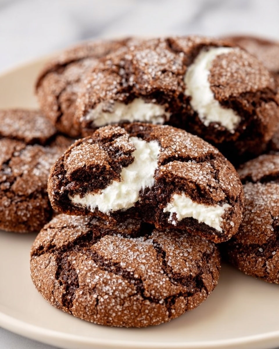 The image shows a white plate filled with round chocolate cookies that have a cracked surface covered lightly with sugar granules. Each cookie is split open in the middle, revealing a soft, white marshmallow filling that slightly oozes out from the cracks. The cookies are stacked closely together, showing a rich dark brown color with a slightly rough texture contrasted by the smooth, gooey white marshmallow center. The background is a white marbled texture. photo taken with an iphone --ar 4:5 --v 7
