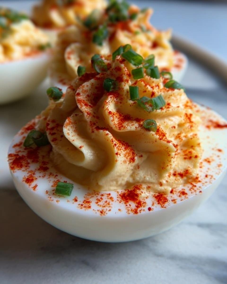 A close-up image of a deviled egg cut in half with a creamy, pale yellow filling piped on top in a swirled pattern, sprinkled with bright red paprika and small chopped green chives, all sitting in a white egg shell half. The background is a white marbled surface. Photo taken with an iphone --ar 4:5 --v 7