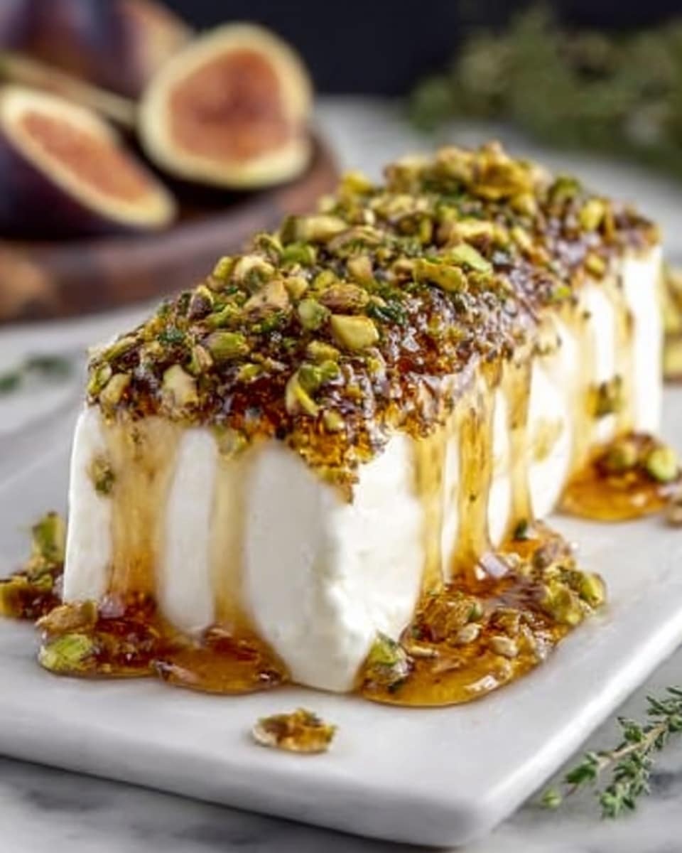 A rectangular block of soft white cheese sits on a long white plate, topped with a thick, glossy layer of dark amber honey that drips slightly down the sides. Scattered over the honey are small, green pistachio pieces and some fresh herbs, adding texture and color contrast. In the background is a sliced fig, hinting at more natural flavors. The dish is set on a white marbled surface. Photo taken with an iphone --ar 4:5 --v 7
