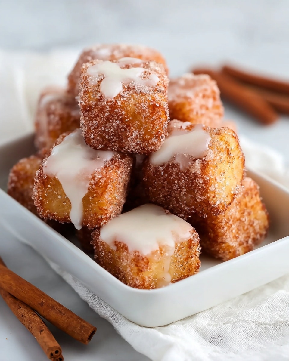 This image shows several small square-shaped fried dough pieces stacked closely in a white rectangular dish. Each piece is golden brown with a crispy texture coated in a layer of sugar crystals, while a smooth, white glaze is drizzled on top and slightly dripping down the sides. The dish sits on a white cloth on a white marbled surface, and cinnamon sticks are placed close by, adding a warm, rustic feel. photo taken with an iphone --ar 4:5 --v 7