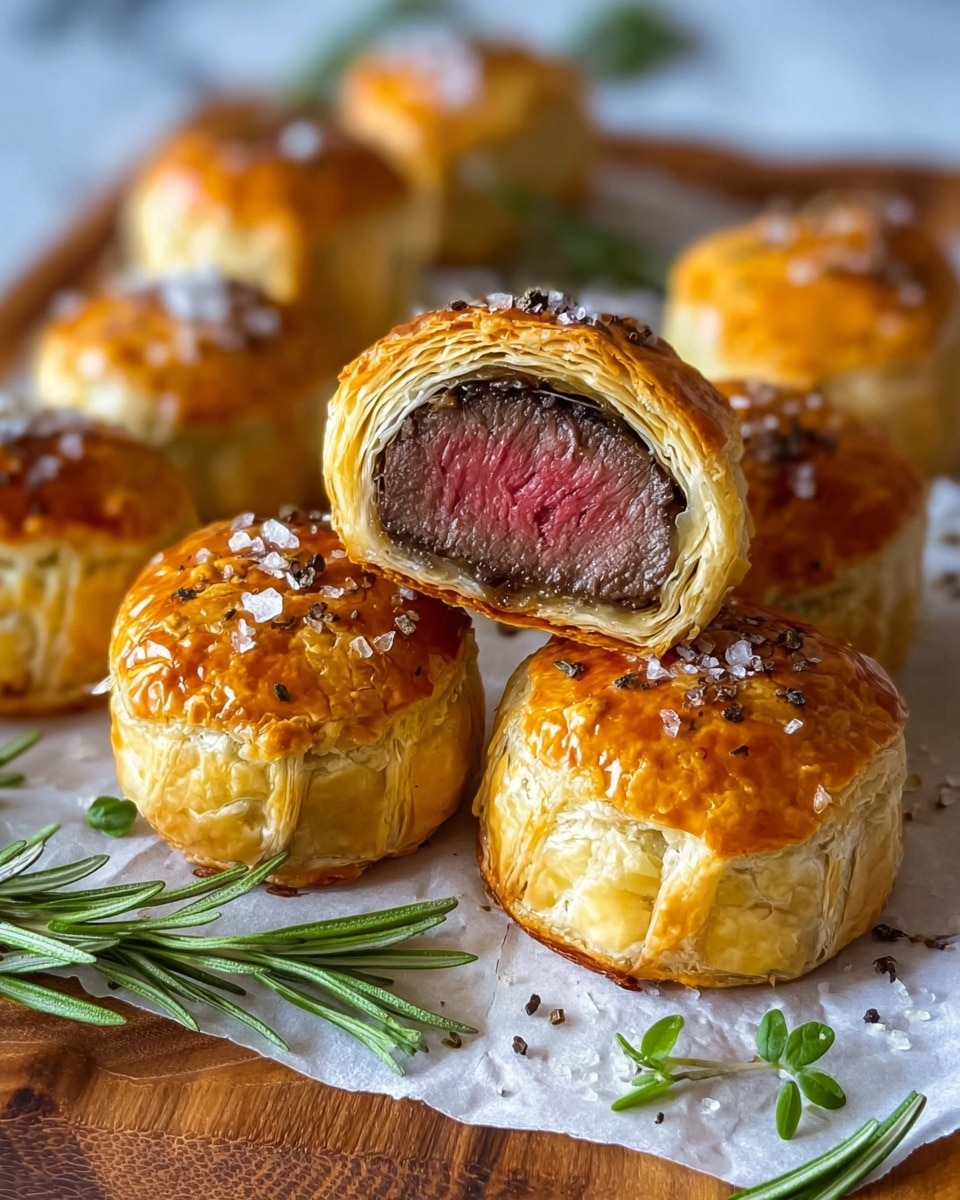A close-up view of six small Beef Wellington pastries arranged on white parchment paper over a wooden board. Each pastry has a shiny, golden brown puff pastry crust with flaky, crispy layers visible. One pastry is cut in half and balanced on top, showing three clear layers: a thin, light golden puff pastry outside, a slightly darker brown mushroom or meat layer beneath it, and a center of medium rare beef with pink and red tones. Coarse sea salt and ground black pepper are sprinkled on top, and fresh green rosemary sprigs are scattered around the pastries. The background is a white marbled texture. photo taken with an iphone --ar 4:5 --v 7