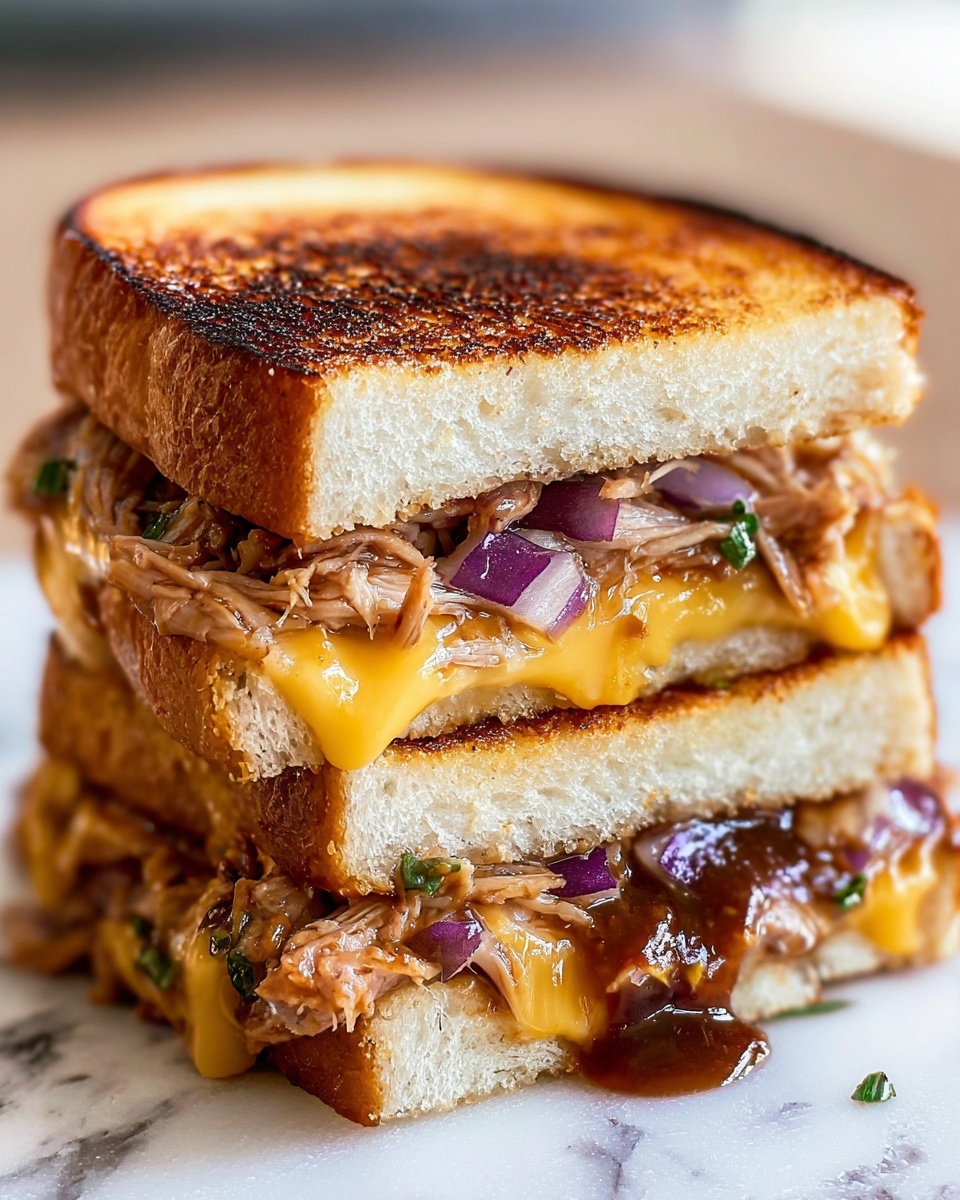 A close-up of a two-layer grilled sandwich on white toasted bread with a golden brown and slightly charred top slice. Each layer has melted yellow cheese oozing over shredded cooked meat mixed with dark brown sauce. There are visible slices of purple onion and small green herb bits inside. The sandwich is placed on a white marbled surface with a soft background blur. photo taken with an iphone --ar 4:5 --v 7