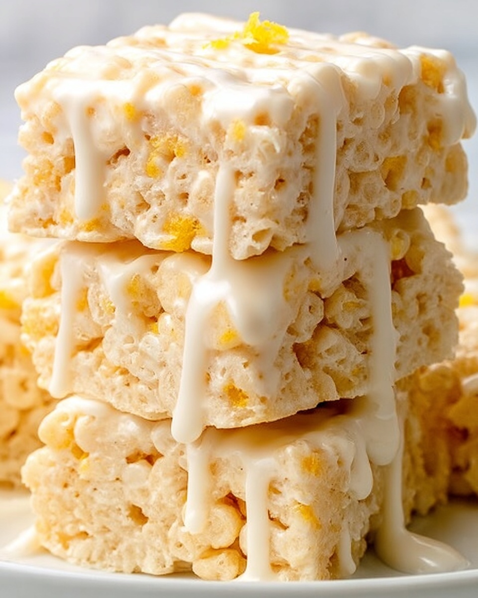 The image shows a close-up of three square Rice Krispies treats stacked on top of each other on a white marbled surface. Each treat has a light golden, crispy texture with small puffed rice pieces visible. A thick white icing or glaze is dripping down the edges of the stacked treats, giving a glossy and smooth contrast to the rough, crunchy texture of the rice squares. Small bright yellow sprinkles are scattered on the top treat, adding a pop of color. The focus is tight, showing the details of the glaze drips and the crunchy texture clearly. Photo taken with an iphone --ar 4:5 --v 7