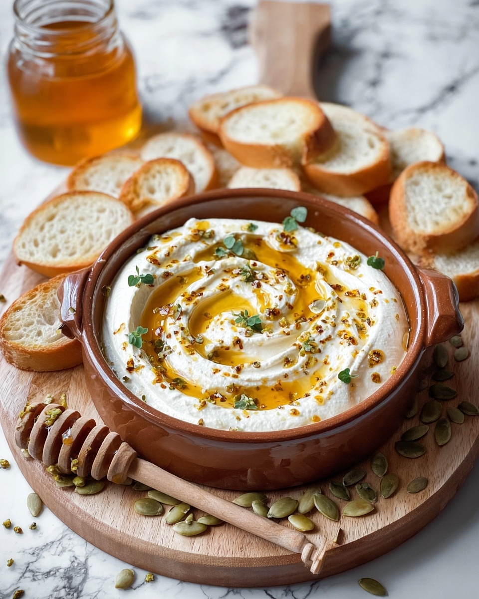 A ceramic bowl filled with a white creamy yogurt base forming the first layer, swirled with a thick drizzle of golden honey creating a second glossy layer on top. Tiny green herb leaves and small brown seeds are scattered across the honey, adding texture and color. The bowl sits on a round wooden board surrounded by scattered green pumpkin seeds, with two thick slices of toasted bread placed on the bottom left side of the board. Nearby is a small wooden spoon with a honey dipper resting on it, coated in sticky honey. The background is a white marbled surface. Photo taken with an iphone --ar 4:5 --v 7