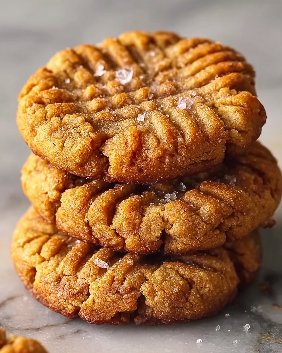 A close-up image showing a stack of three golden brown peanut butter cookies with a criss-cross fork pattern on top. The cookies have a slightly crispy edge and a soft, textured surface with visible salt flakes sprinkled on them. The background is a white marbled texture that contrasts with the warm tones of the cookies, making them look even more inviting. photo taken with an iphone --ar 4:5 --v 7