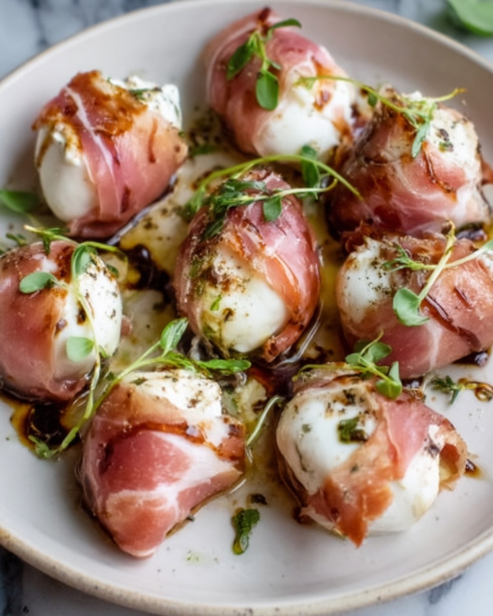 The image shows small round balls of soft cheese wrapped in thin slices of pink prosciutto, arranged closely on a white plate. Each ball is garnished with small green herb leaves and sprinkled with black pepper and coarse salt. The prosciutto has a slightly shiny and smooth texture, while the cheese inside looks creamy and white. Below the plate, the background is a white marbled surface. Photo taken with an iphone --ar 4:5 --v 7