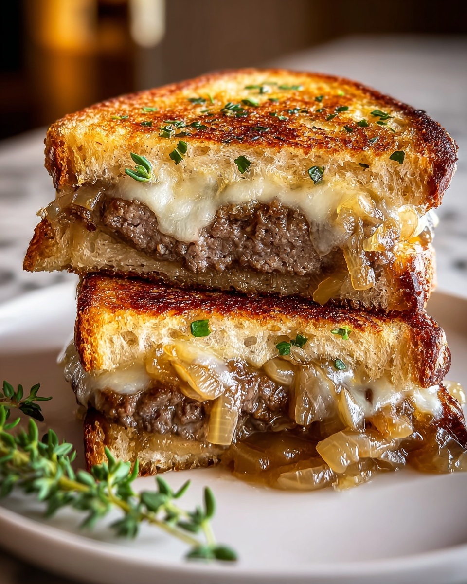 The image shows a close-up of a grilled sandwich cut in half and stacked, placed on a white plate with a sprig of green herbs beside it. The sandwich has three visible layers: the top and bottom layers are golden brown toasted bread with a crisp texture, sprinkled with small green herb pieces. Between the bread layers, there is a thick, juicy beef patty that looks well-cooked with a slightly charred surface. Melted cheese with a creamy color covers the patty, oozing slightly and mixing with translucent caramelized onions that add a glossy light brown layer. The sandwich is set on a white marbled surface, and the warm, soft lighting highlights the textures and colors of the layers. Photo taken with an iphone --ar 4:5 --v 7