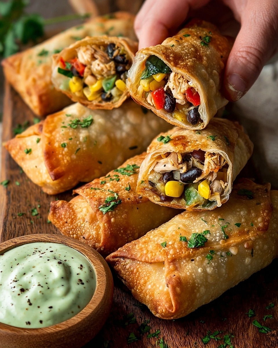 The image shows five golden-brown, crispy egg rolls on a wooden board, sprinkled with green herbs on top. Three of the egg rolls are cut open, revealing colorful layers inside: shredded chicken, black beans, bright yellow corn, green spinach, and small pieces of red bell pepper. A woman's hand is holding one egg roll close to the camera, showing the detailed texture inside clearly. In the front left corner, there is a small wooden bowl filled with creamy green dip, speckled with black pepper. The overall scene has a warm, inviting look with the egg rolls arranged neatly. photo taken with an iphone --ar 4:5 --v 7