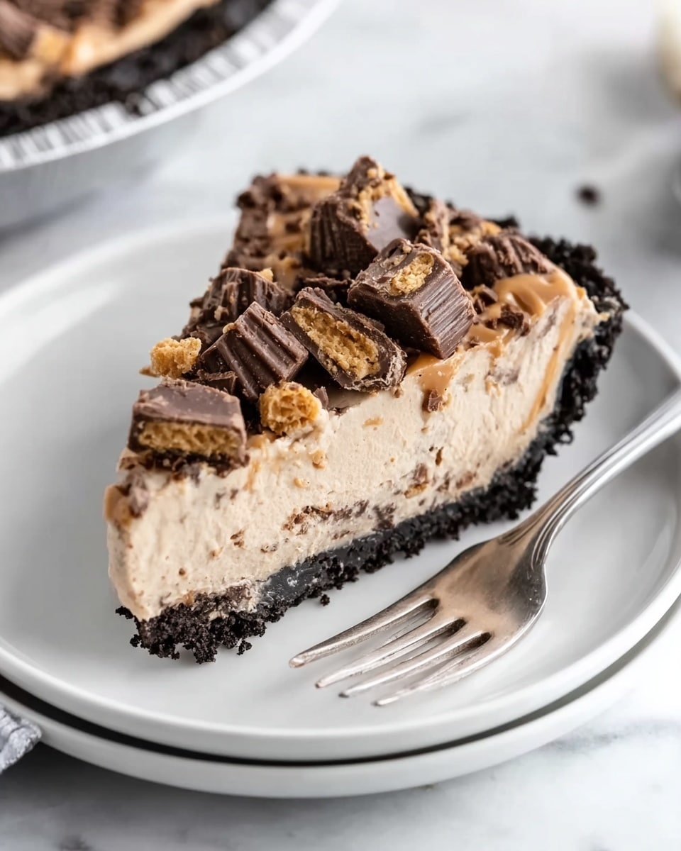 The image shows a single slice of pie on a white plate with a silver fork to the right. The pie has three visible layers: a dark, crumbly crust at the bottom, a thick light brown creamy filling in the middle, and a topping made of chunks of chocolate and peanut butter cups scattered on top. The plate sits on a white marbled surface with a blurred stack of plates visible in the background. Photo taken with an iphone --ar 4:5 --v 7