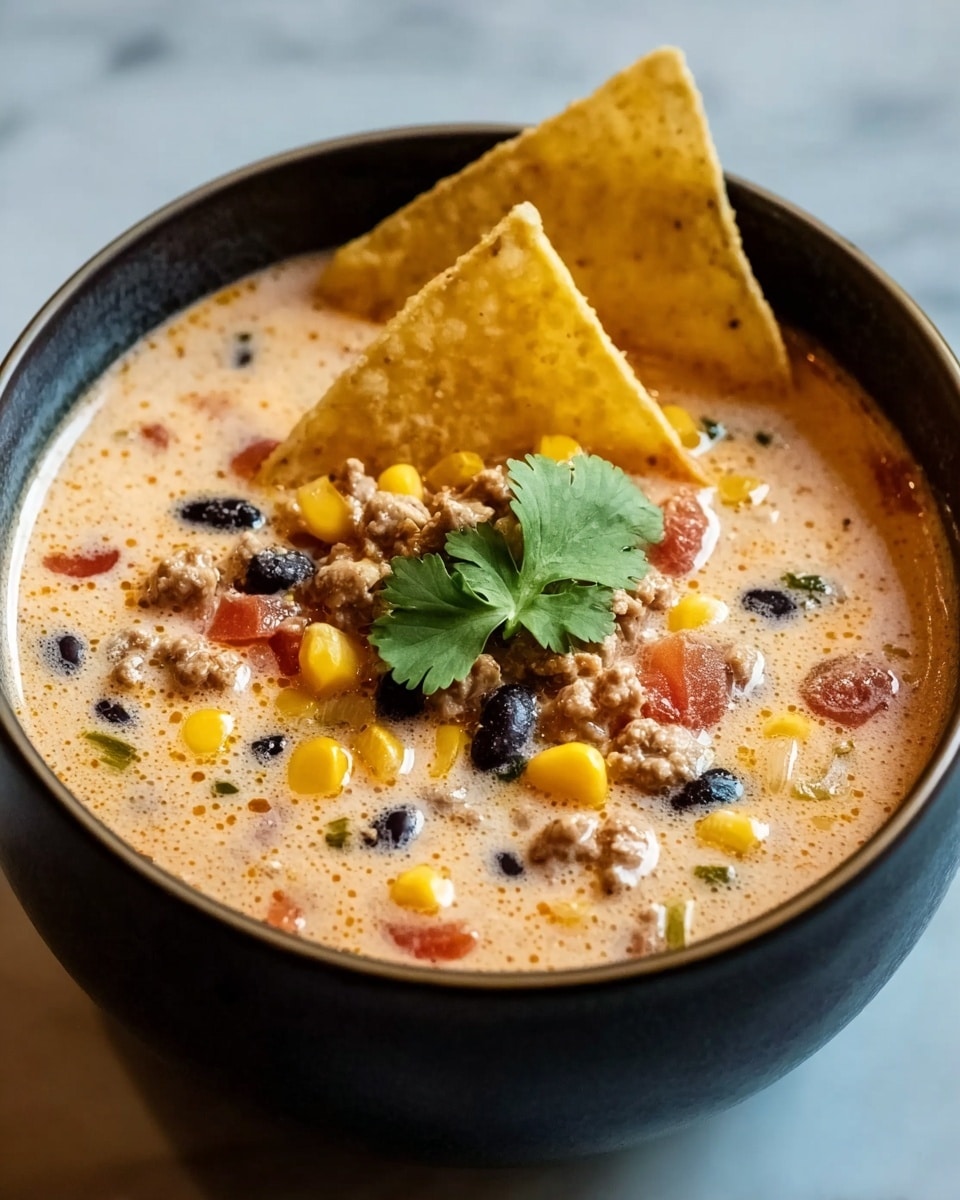 A bowl filled with creamy soup showing a mix of yellow corn kernels, black beans, ground meat, and small pieces of red tomatoes, all floating in a light orange broth. On top, there are three triangular yellow tortilla chips standing upright and a small green cilantro leaf in the center as garnish. The bowl is white with a textured pattern on the outside, set on a white marbled surface. Photo taken with an iphone --ar 4:5 --v 7