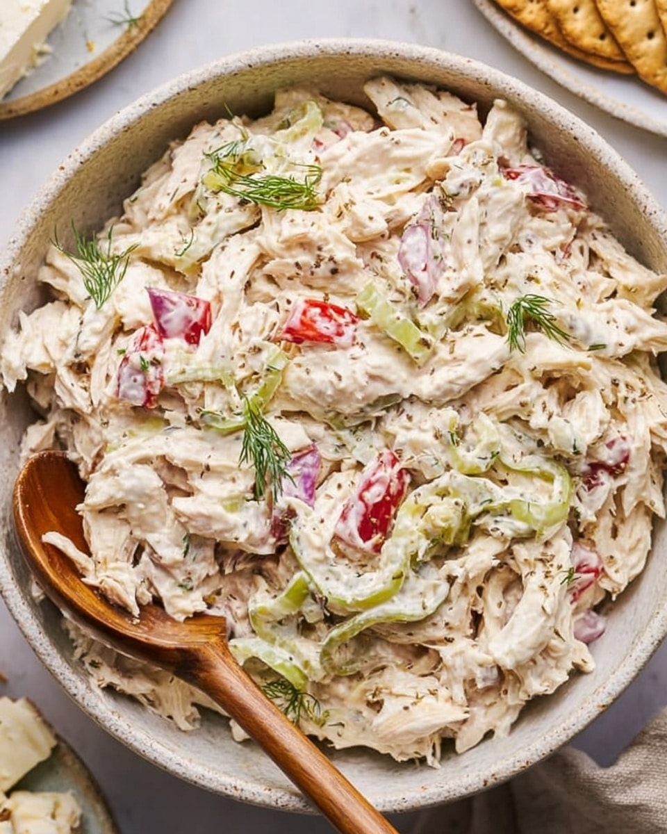 The image shows a bowl filled with a creamy chicken salad that has a mix of shredded white chicken pieces and slices of green and red peppers. There are also small bits of purple onion and some fresh green dill sprinkled on top, all coated in a light, creamy dressing. A wooden spoon is resting inside the bowl, which is placed on a white marbled surface next to some white cheese on a plate and a cracker. The bowl itself is off-white with a speckled texture. Photo taken with an iphone --ar 4:5 --v 7