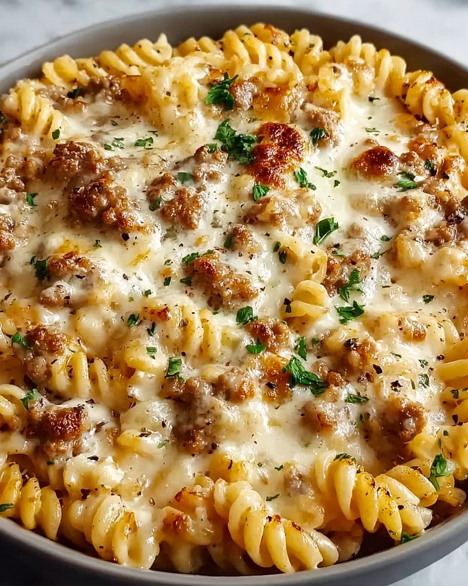 The dish is a close-up of a creamy baked rotini pasta served in a white bowl, placed on a white marbled surface. The pasta is covered in a thick, smooth white cheese sauce with browned, crispy spots on top from baking. Mixed in are small pieces of cooked ground meat and scattered green herb leaves, adding contrast to the light colors. The texture looks soft and cheesy with a slight golden crust in places. Tiny black pepper specks sprinkle over the top. Photo taken with an iphone --ar 4:5 --v 7