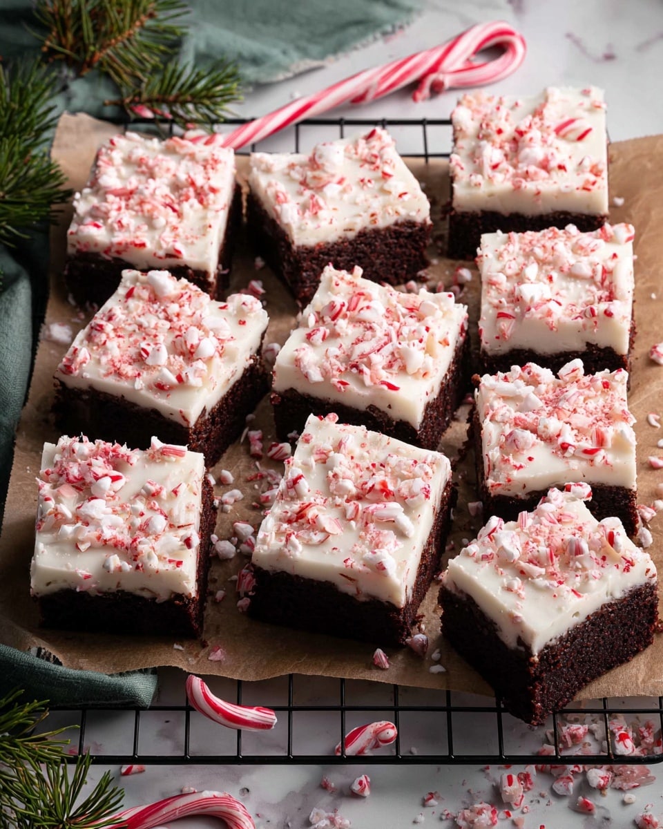The image shows 16 square pieces of peppermint brownies arranged on light brown parchment paper over a black wire cooling rack. Each brownie has two layers: a dark brown base layer with a rich, fudgy texture, and a thick, smooth white frosting on top. The frosting is generously sprinkled with crushed red and white peppermint candy pieces, adding a festive pop of color. Around the cooling rack, there are whole and broken candy canes and sprigs of green pine, placed on a white marbled surface. The overall scene gives a cozy, holiday feel. photo taken with an iphone --ar 4:5 --v 7