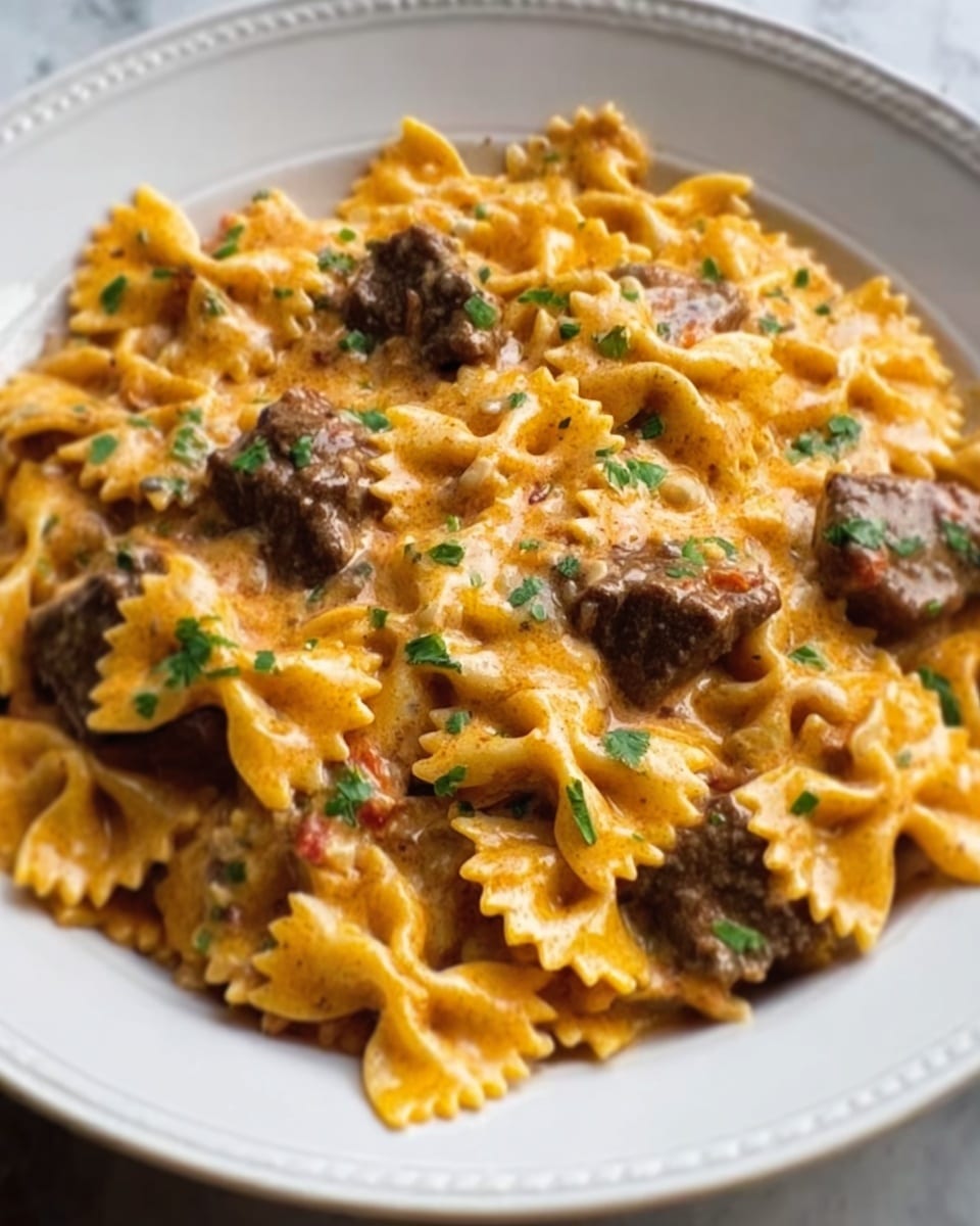 The image shows a wide white plate filled with farfalle pasta, each piece shaped like a small bow tie, coated evenly in a rich, creamy orange sauce with visible strands of melted cheese giving a smooth texture. Scattered on top are chunks of dark brown meat, appearing tender and cooked, adding a contrast in color and texture against the soft pasta. Small green herb pieces are sprinkled over the dish, adding a fresh color accent. The plate sits on a white marbled surface that brightens the overall warm, hearty look of the meal. Photo taken with an iphone --ar 4:5 --v 7