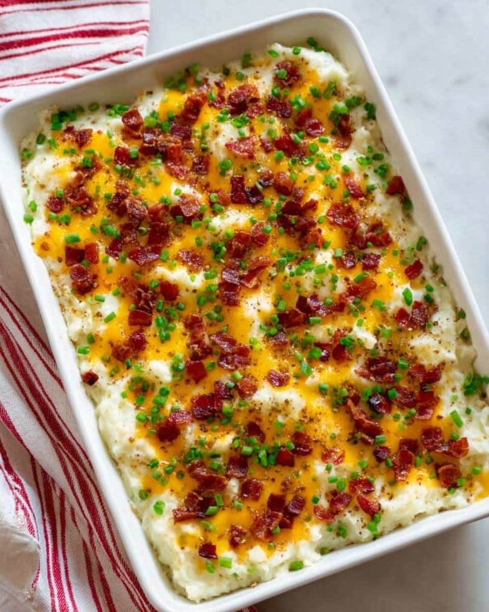 The image shows a white rectangular baking dish filled with a casserole. The base layer is creamy white mashed potatoes, topped with a melted golden yellow cheese layer mixed with crispy, small dark red bacon bits spread evenly. On top, scattered bright green chopped chives add color. The dish sits on a white marbled surface with a white and red striped cloth partially visible on the left side. Photo taken with an iphone --ar 4:5 --v 7