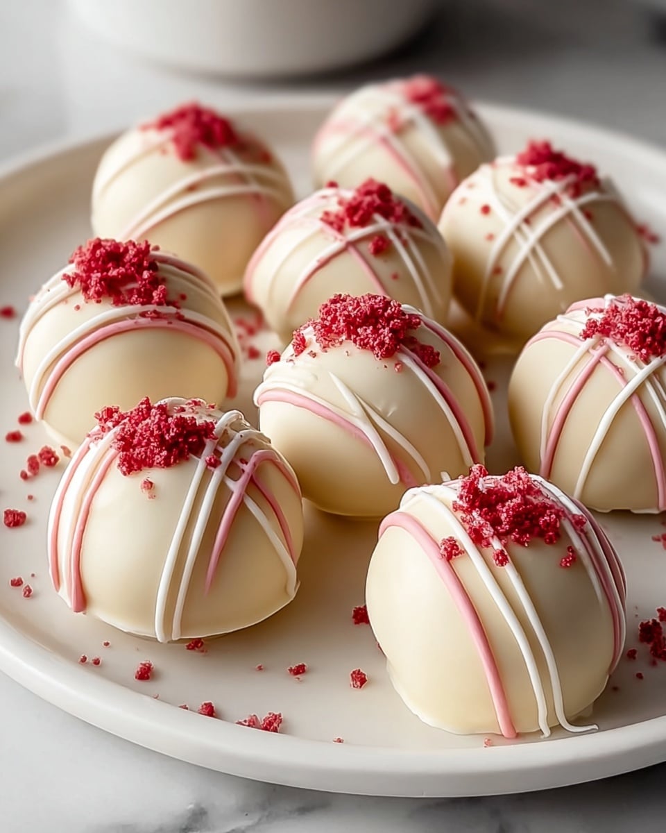 A white plate holds nine round truffles coated in smooth, creamy white chocolate. Each truffle is decorated with thin drizzles of white and pink chocolate lines that cross over the top, creating a delicate pattern. On the very top, there is a small mound of bright red crunchy crumble adding texture and a pop of color. The plate rests on a white marbled surface, and a few red crumbs are scattered lightly around the truffles. The image is close-up, showing the shiny, smooth texture of the chocolate coating and the fine details of the red crumble on top. photo taken with an iphone --ar 4:5 --v 7